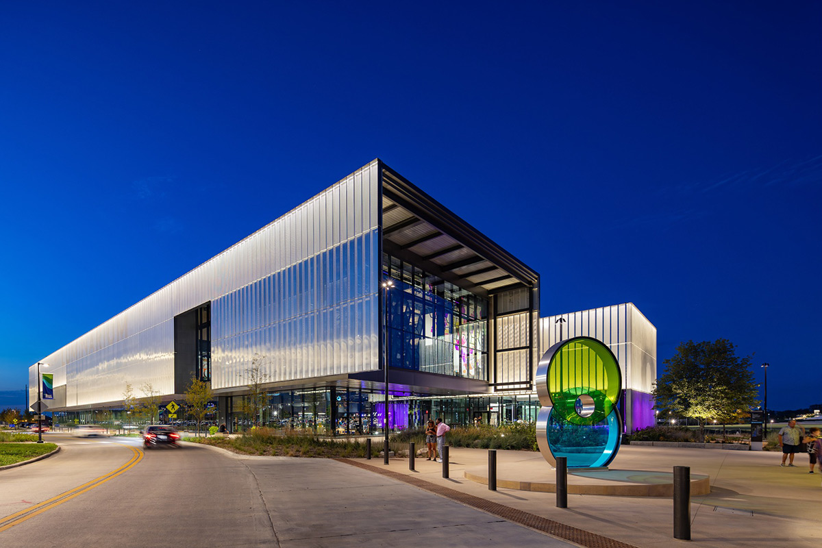 Exterior view of the Kiewit Luminarium on the Omaha Riverfront.