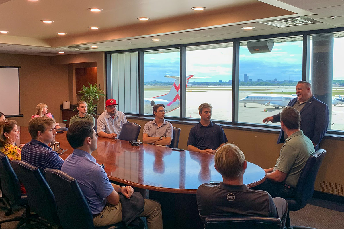 UNO Aviation Director Scott Vlasek leads a discussion with staff members of Nebraska’s Congressional delegation.