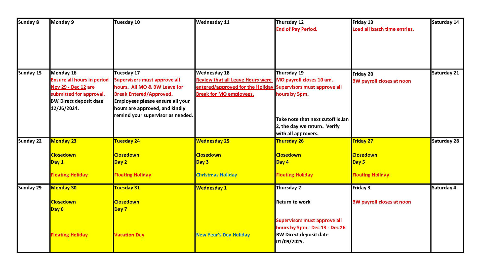 2024 Holiday Closedown Dates