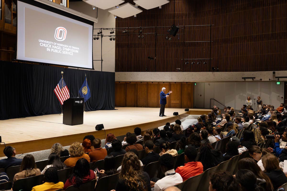 Nearly 300 high school area students gathered in the Strauss Performing Arts Center to watch Hagel's address. 