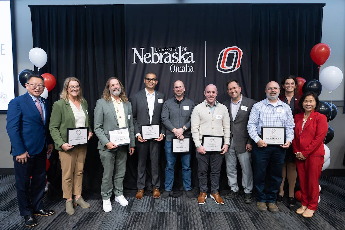 Faculty and leaders at UNO gather during the annual Research and Creative Activity Celebration to recognize outstanding achievements in research and creative work, marking another year of significant contributions to the university and beyond.