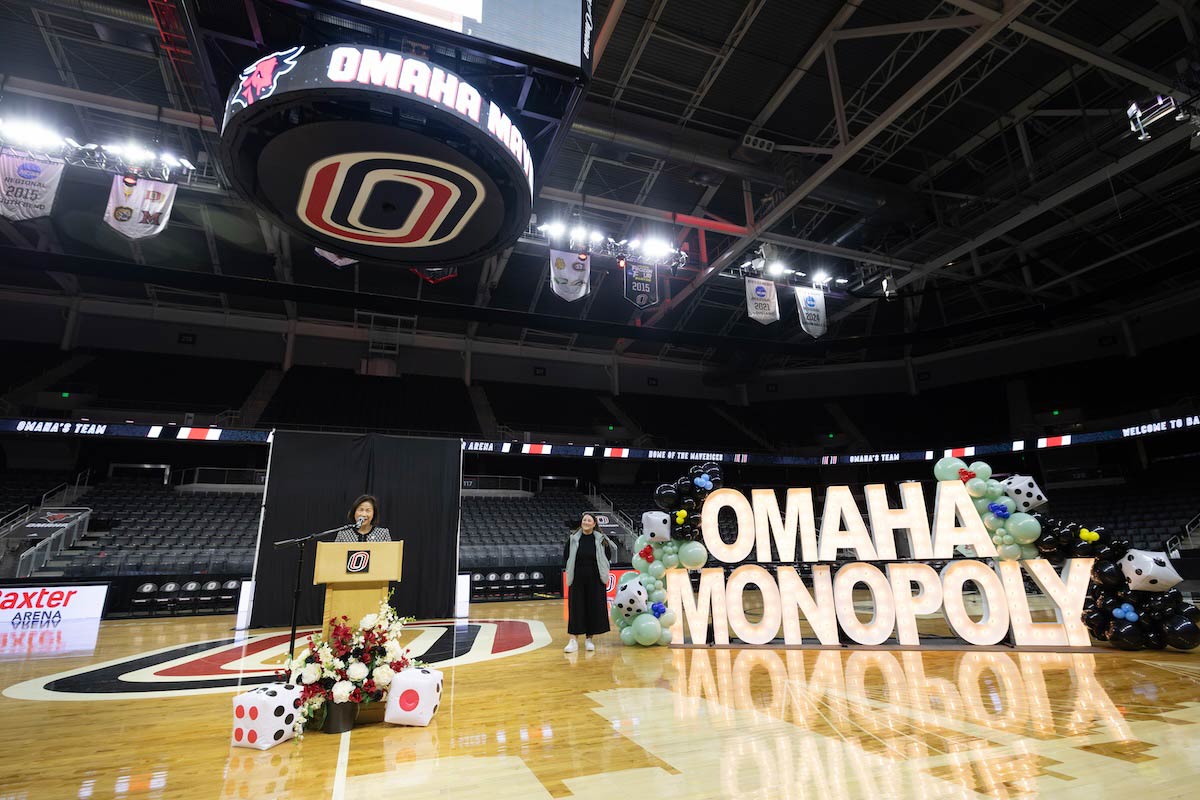 UNO Chancellor Li delivered remarks at the Omaha Monopoly board launch party. 