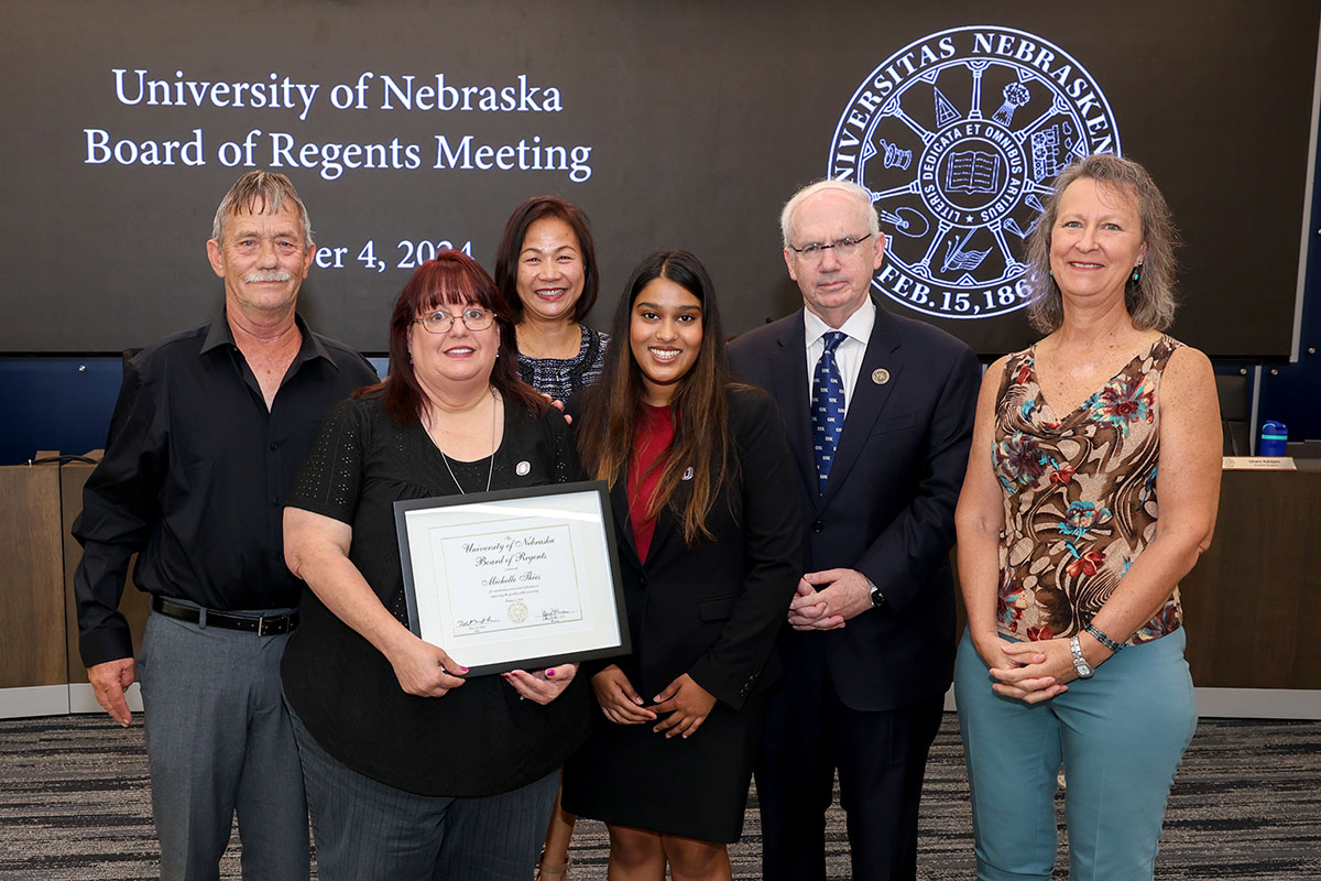 Pictured from left to right: Brian Thies; Michelle Thies; UNO Chancellor Joanne Li, Ph.D., CFA; UNO Student Body President/Regent Ishani Adidam; University of Nebraska (NU) System President Jeffrey P. Gold, M.D.; and UNO School of Communication Director Heather Hundley, Ph.D.