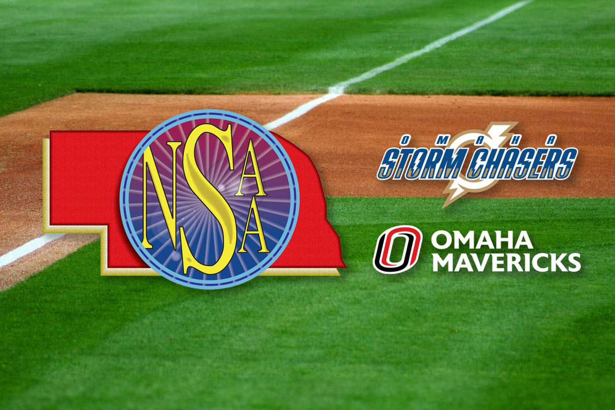 Baseball field with NSSA, UNO, and Omaha Storm Chasers logos