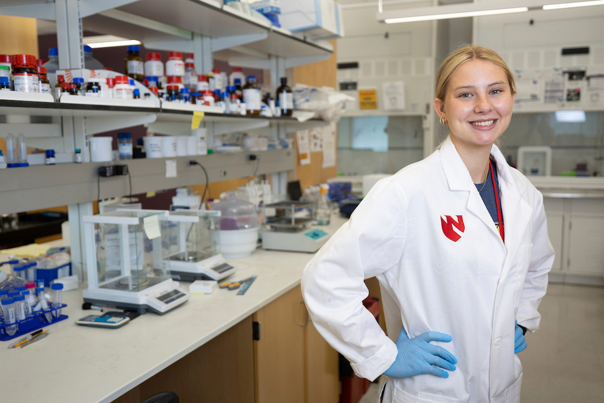 University of Nebraska at Omaha student Mollie Nielsen works as an intern in a lab at the University of Nebraska Medical Center.