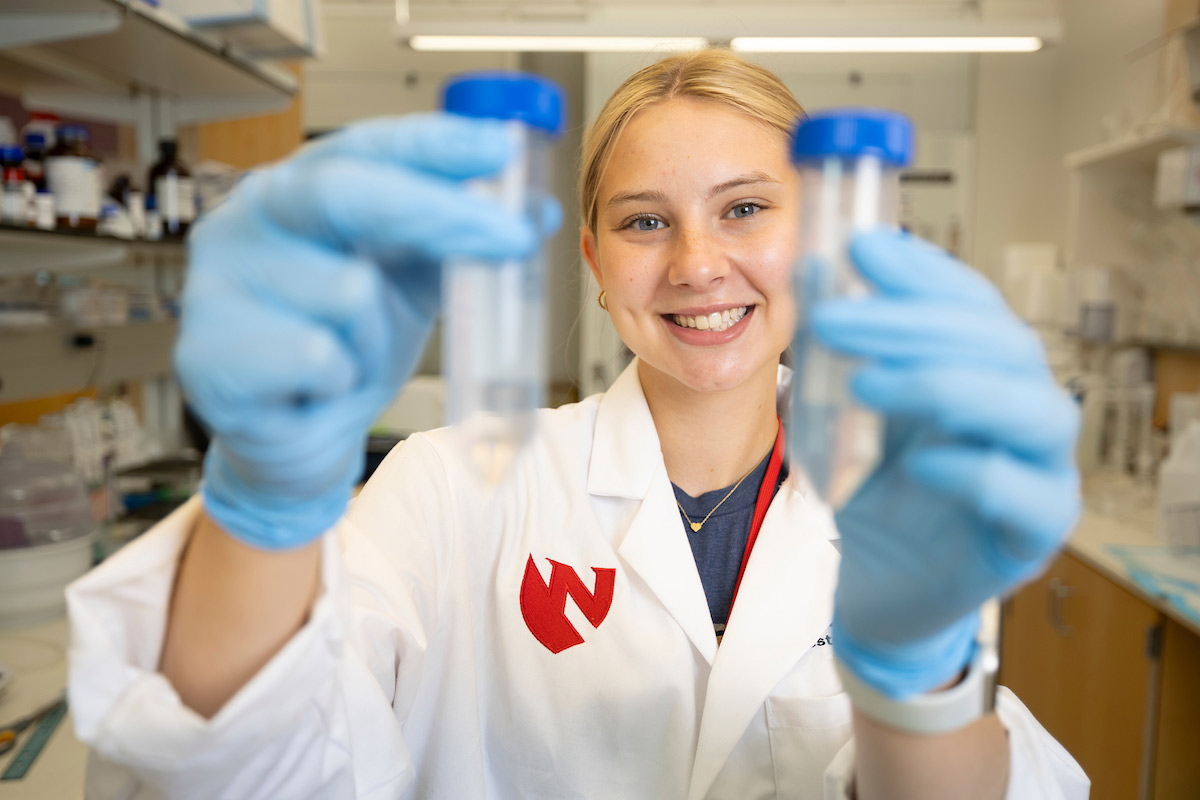 University of Nebraska at Omaha student Mollie Nielsen works as an intern in a lab at the University of Nebraska Medical Center.