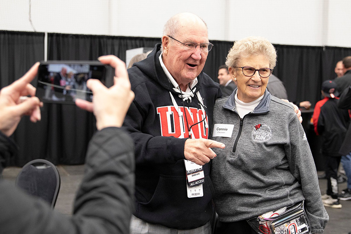 Howard Hawks (left), and UNO Athletic Director Emerita Connie Claussen (right).