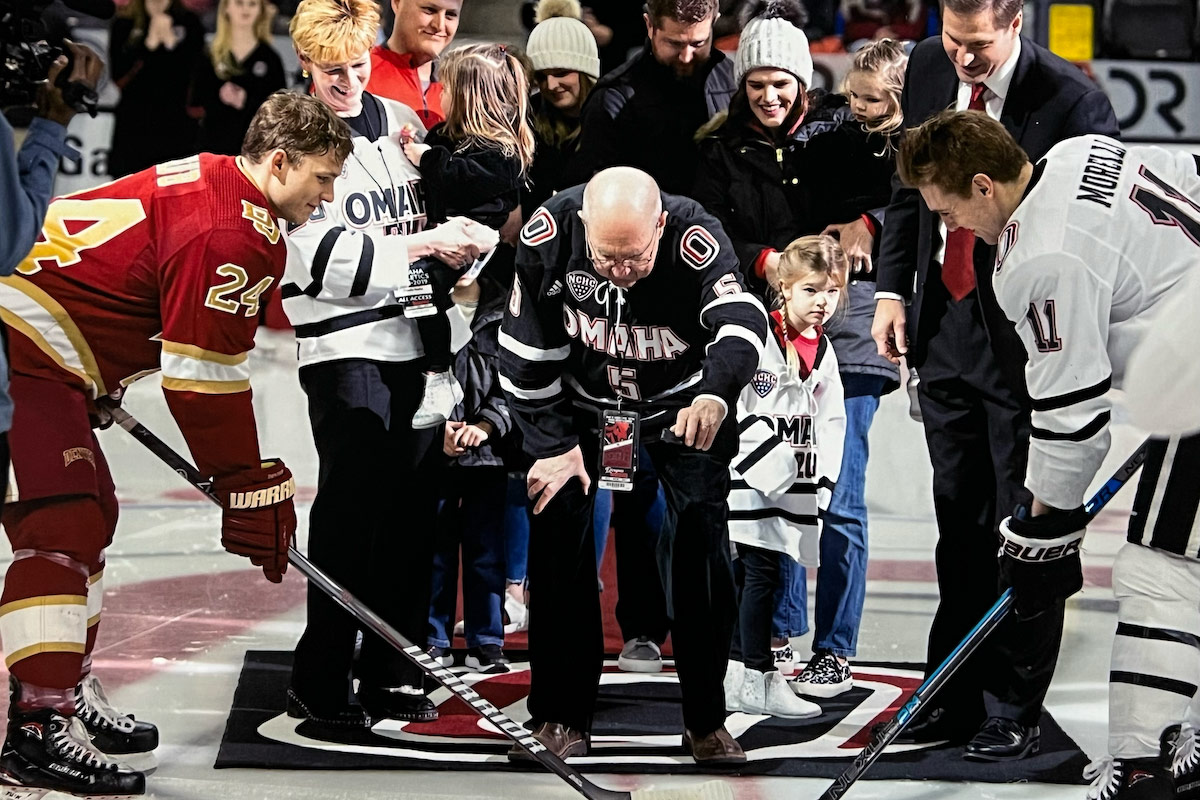 Howard Hawks drops a ceremonial puck before a Maverick Hockey game at Baxter Arena.