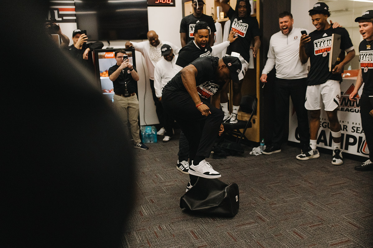 The Mavericks celebrate by smashing the trash can - a celebration picked up earlier in the season.