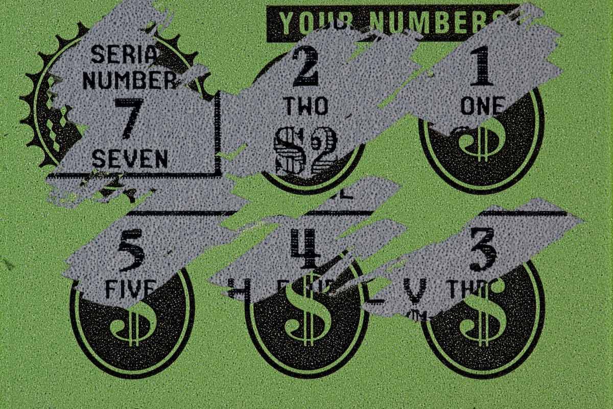 A close-up of a partially scratched-off lottery ticket with a green background. The ticket reveals a serial number '7' and several player numbers, including '1', '2', '3', '4', and '5', with some areas still covered by the scratch-off material.