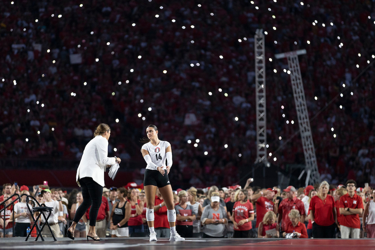 Omaha Volleyball competes in Volleyball Day in Nebraska at Memorial Stadium.