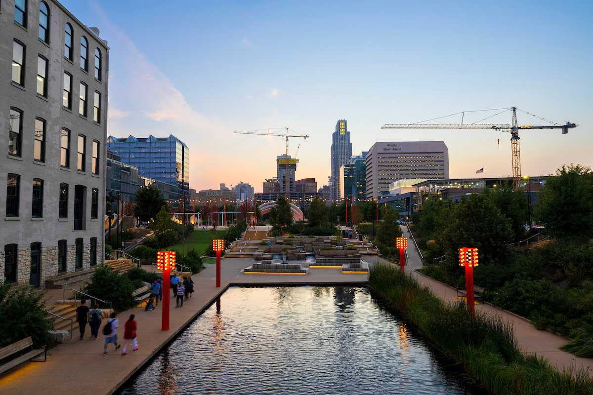 A few of the Gene Leahy Mall in downtown Omaha, looking west.