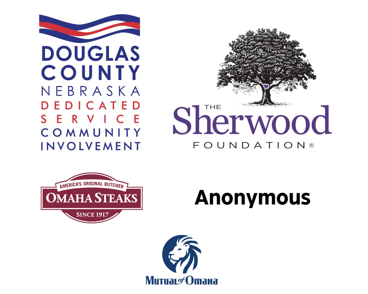 Douglas County Visitor Improvement Fund logo, The Sherwood Foundation logo,Omaha Steaks logo, Valmont logo, Anonymous (text), Mutual of Omaha logo,