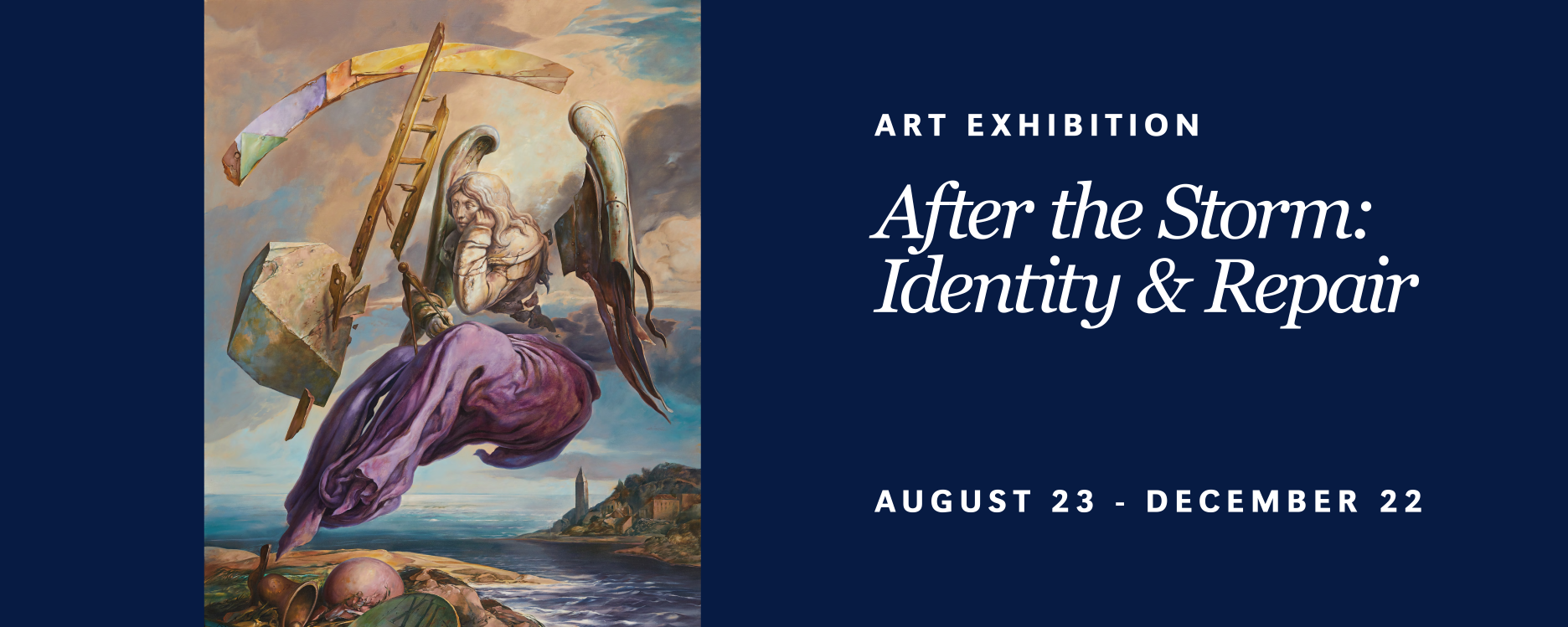 SMBLC After the Storm: Identity & Repair Banner. A dark blue background with white text: After the Storm: Identity & Repair August 23 – December 22. Image of Bak’s painting Durer’s Flight (Rainbow) on the right side.