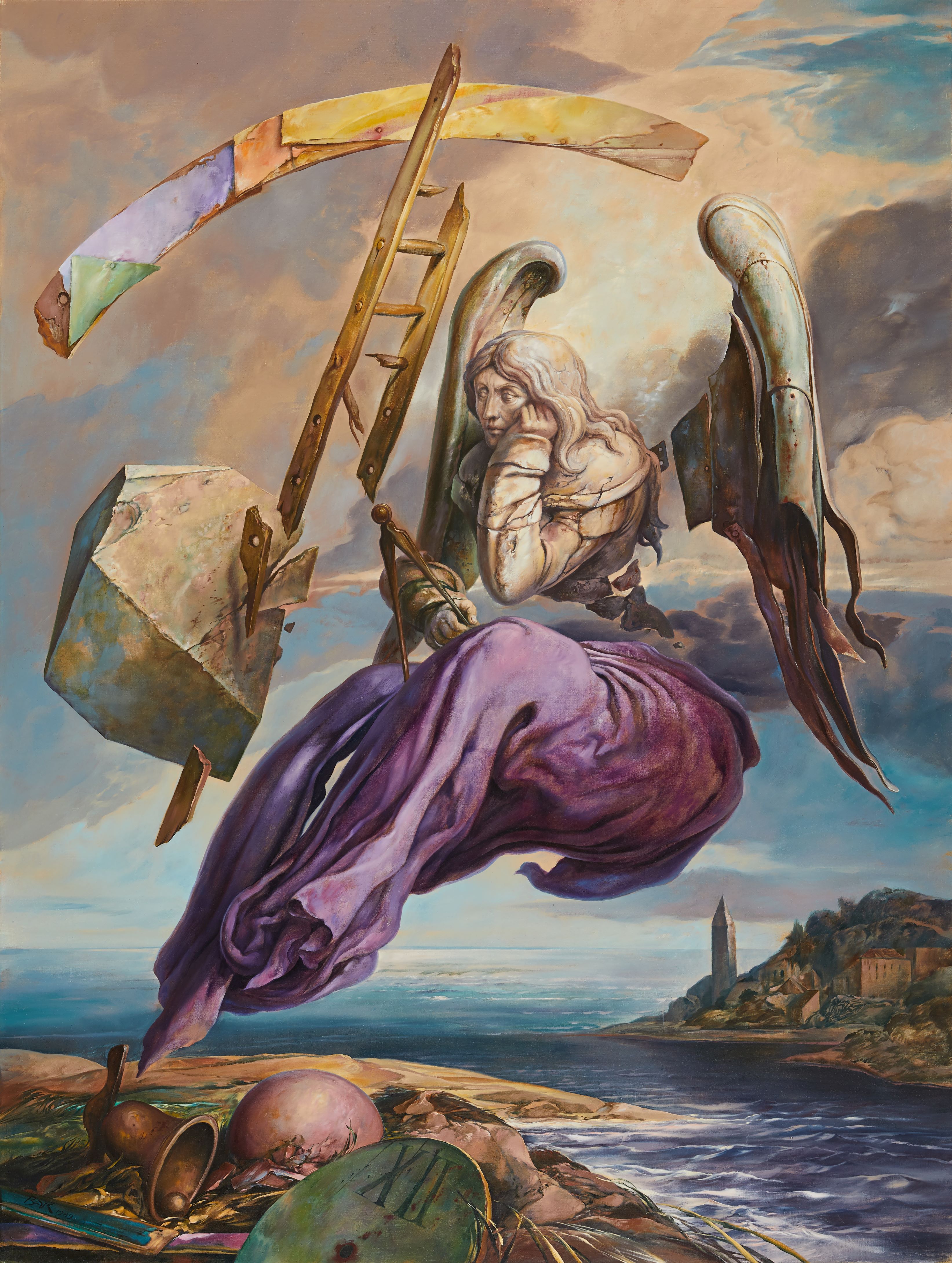 Samuel Bak, Dürer’s Flight (Rainbow), 1989, oil on canvas, 55 x 41”, Collection of Samuel Bak Museum: The Learning Center