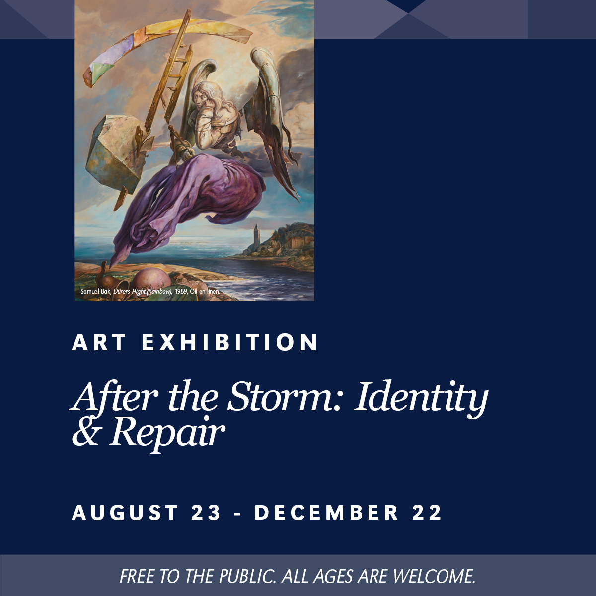 After the storm: Identity and repair. Blue background with words After the storm Identity and repaid