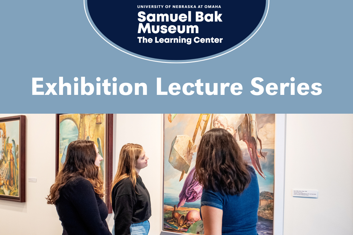 SBMLC exhibition lexcture series graphic. Top centered circle on a blue background, SBMLC logo. The bottom half of the graphic has three college students looking at a Samuel Bak painting.