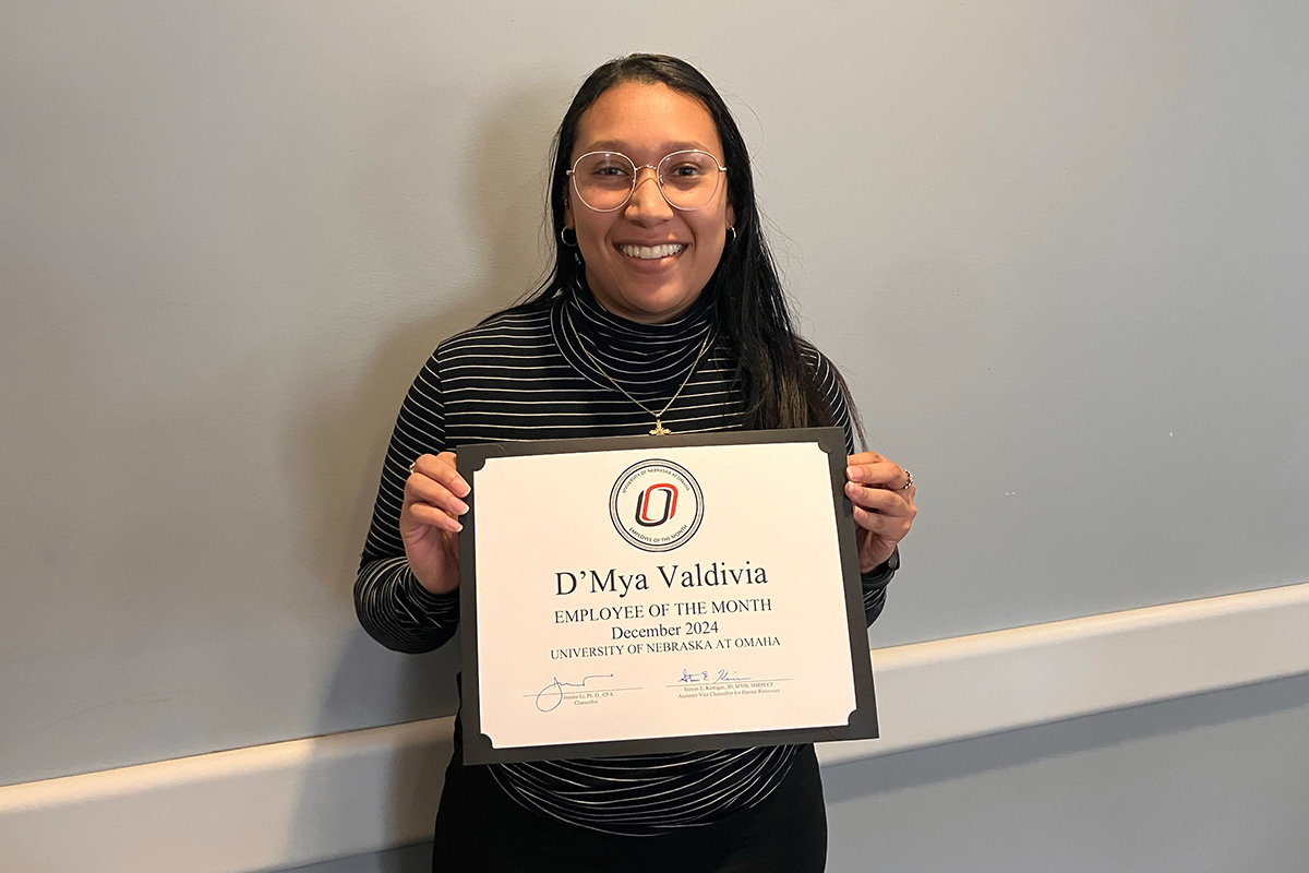 D'Mya Valdivia Housing Operations Coordinator at the University of Nebraska at Omaha (UNO), has been named UNO's Employee of the Month for Decemeber 2024.