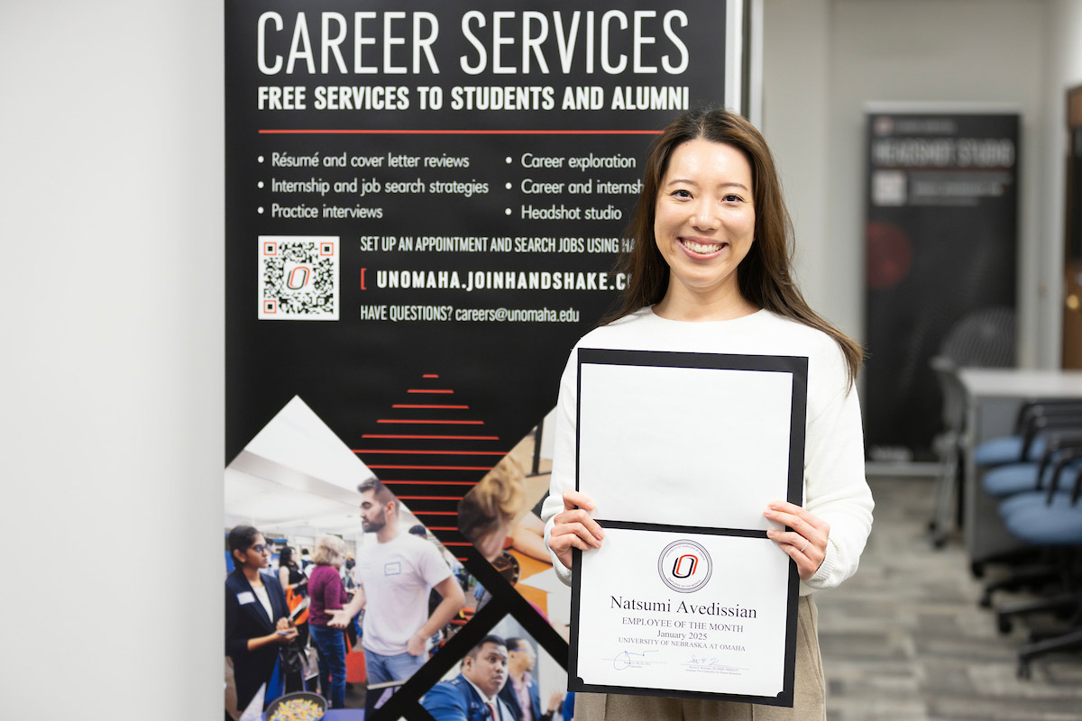 Natsumi Avedissian, Employer and Campus Relations Coordinator for Career Services at the University of Nebraska at Omaha (UNO), has been named UNO's Employee of the Month for January 2025.