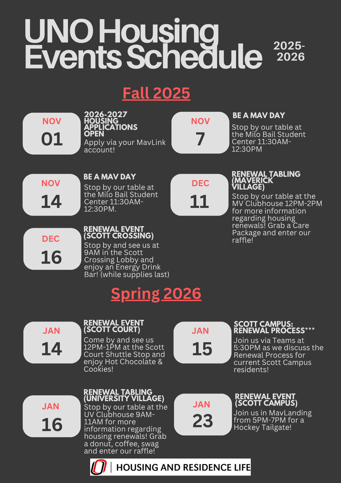 Housing & Residence Life Event Schedule for 2025-2026.
