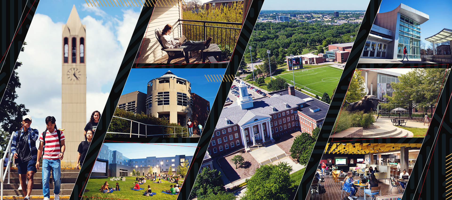 Various images of campus and buildings on campus. Some include students walking and some are aerial.