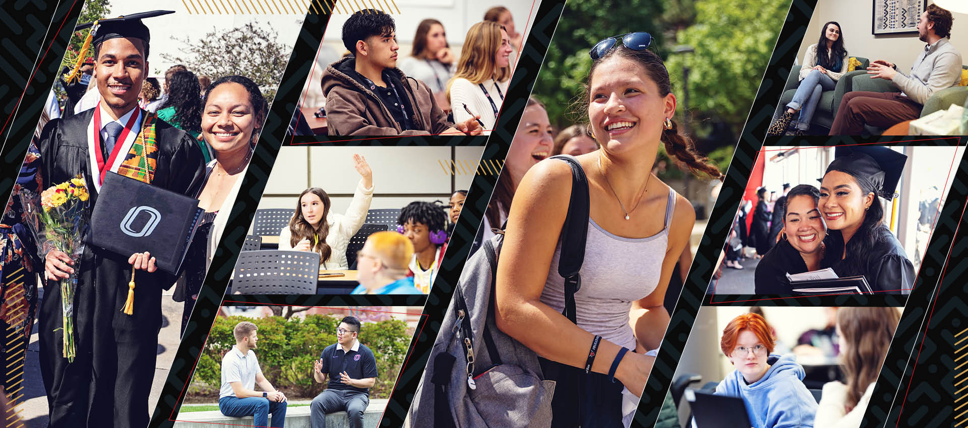 Collage of students walking on campus and campus buildings.