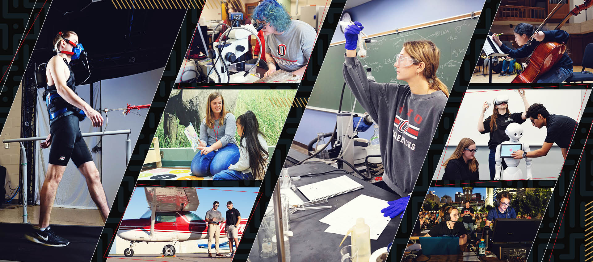 Collage of students walking on campus and campus buildings.